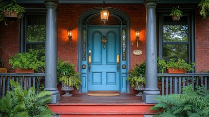 Fototapeta premium Serene Victorian Home Entrance with Teal Door