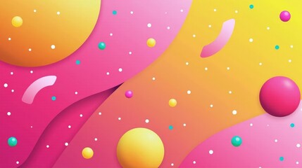 An energetic abstract composition featuring bright swirling shapes, confetti-like dots, and vivid gradients blending pink, orange, and yellow.