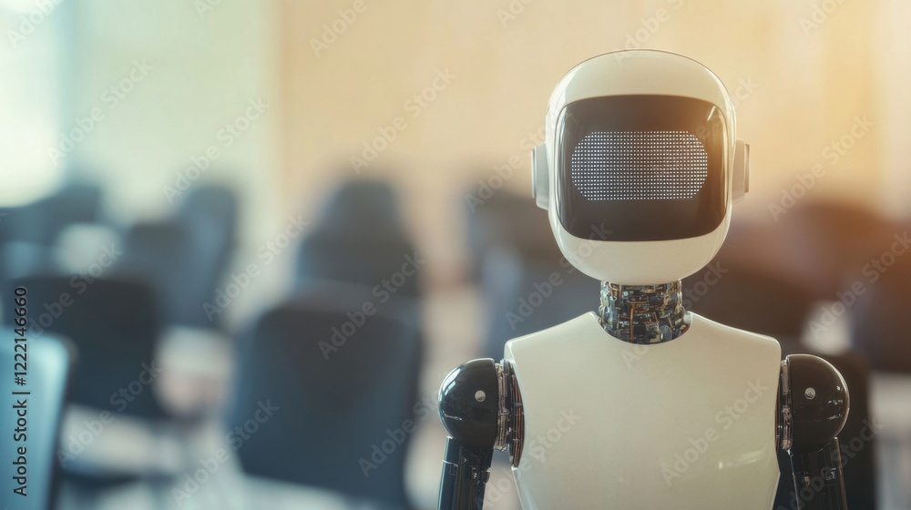Poster a humanoid robot is positioned in a bright classroom filled with empty chairs, highlighting innovati