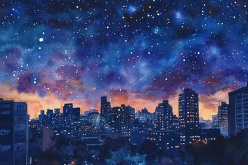 Fototapeta premium Nighttime Cityscape with Stars and Colorful Sky at Dusk