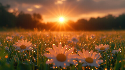 The sun rising over an open meadow, illuminating dew-covered grass