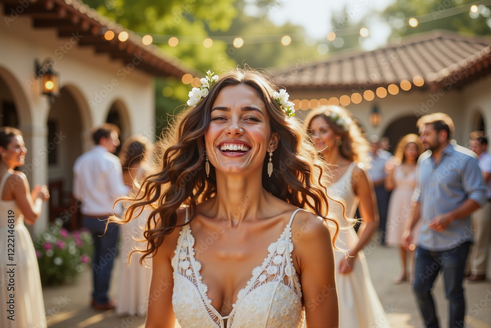 Wall mural Hispanic bride joyfully dancing at wedding celebration, love and happiness