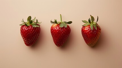 Three fresh strawberries in a row on a light background for a vibrant and delicious look