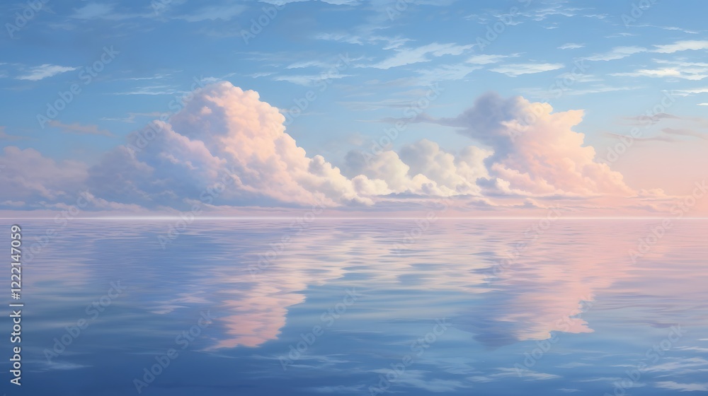 Poster serene ocean reflecting the clouds in the early morning or late evening light creating a peaceful an
