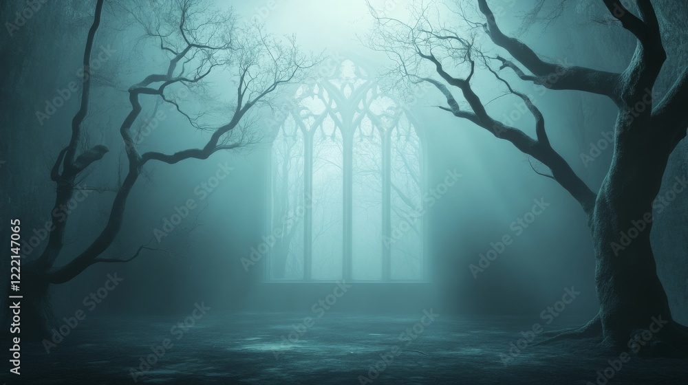 Poster a misty, ethereal scene featuring a gothic window and twisted trees in a dark forest.