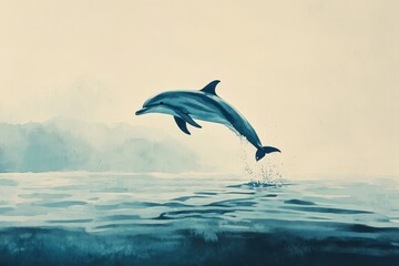 Fototapeta premium Majestic Dolphin Leaps Gracefully Above Tranquil Ocean Waters