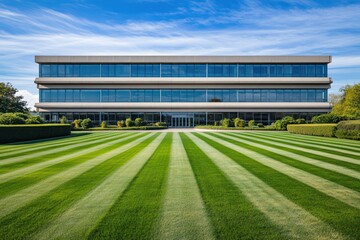 Fototapeta premium An iconic headquarters building with clean lines, balanced proportions, and manicured lawns