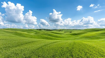 Fototapeta premium Rolling green hills under a sunny sky, Tuscany landscape, ideal for travel brochures