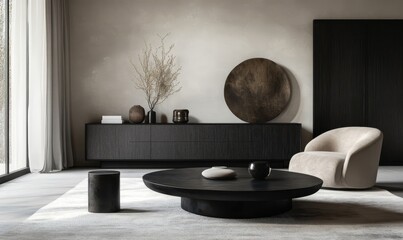 Minimalist Living Room Interior with Black Coffee Table, Stylish Chair, Wooden Sideboard, and Decorative Accessories in Dark Modern Setting, Generative AI