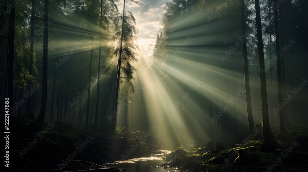 Poster ethereal sunbeams streaming through parting clouds casting a warm ethereal glow over the lush verdan