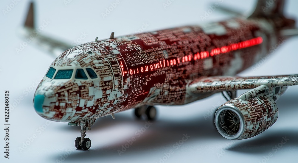 Poster miniature airplane made of digital code with real-time flight data on side panels