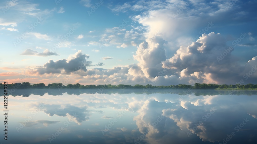 Poster breathtaking scenic view of clouds dramatically reflected in the still calm waters of a tranquil lak