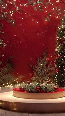 Festive Christmas Decor with Red Background and Greenery Display