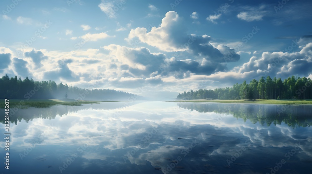 Poster captivating scene of soft fluffy clouds perfectly mirrored in the still glassy surface of a serene l