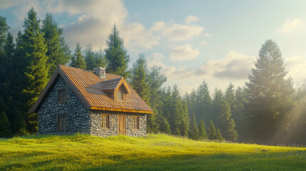 Cottage in forest, stone house with wooden roof on green field among coniferous trees. Cozy home in sunny summer wood. Eco dwelling, hotel, pc game panoramic background, Cartoon vector illustration