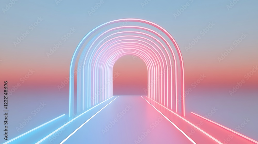 Poster neon light tunnel with abstract arches and gradient background for futuristic designs and modern art