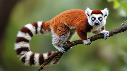 Fototapeta premium Jumping lemurs: Coquerel's sifaka, Propithecus coquereli, Lemur in the Air against Rain Forest canopy, monkey Endemic to Madagascar, red and white colored fur and long tail. Madagascar.