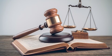 A wooden gavel and scales of justice on an open law book, symbolizing fairness and the legal system