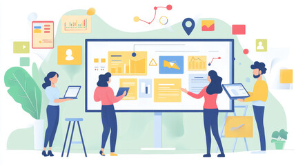 Work process of graphic designer from taking order to customer feedback and review. Vector cartoon icons of creative production with clock, brief, gear, digital tablet and check mark
