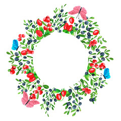 Fresh berries background. Frame set of watercolor berries. Strawberry, cowberry, blueberry, butterfly, watercolor. Clip art, element for design. 