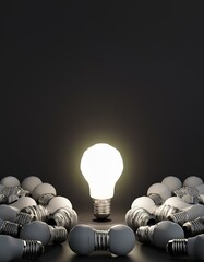 Generated image AI One of Lightbulb glowing among shutdown light bulb in dark area with copy space for creative thinking , problem solving solution and outstanding concept by 3d rendering technique