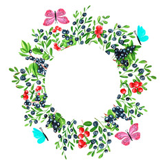 Fresh berries background. Frame set of watercolor berries. Butterfly, cowberry, blueberry, blackcurrant, watercolor. Clip art, element for design. 