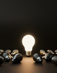 Generated image AI One of Lightbulb glowing among shutdown light bulb in dark area with copy space for creative thinking , problem solving solution and outstanding concept by 3d rendering technique