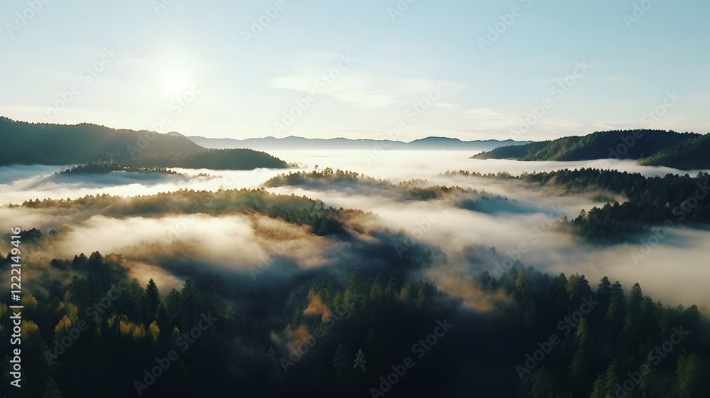 Poster aerial drone shot capturing a serene forest blanketed by low lying clouds creating a moody and atmos