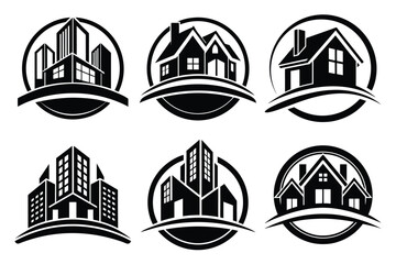 Real Estate icon set. Vector illustration. The collection contains icons: House, Real Estate Insurance, Real Estate Agent, House Key, Domestic Life, Real Estate Construction, Relocation, Home.