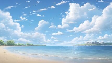 Serene and tranquil coastal landscape featuring a peaceful beach scene with gently lapping waves soft clouds in the sky and a calming peaceful atmosphere