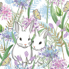 A couple white hare rabbit and butterfly in flower garden seamless pattern