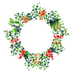 Fresh berries background. Frame set of watercolor berries. Sea buckthorn, blueberry, blackcurrant, redcurrant, watercolor. Clip art, element for design. 