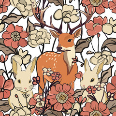Beautiful deer and couple hare rabbit in flower seamless background