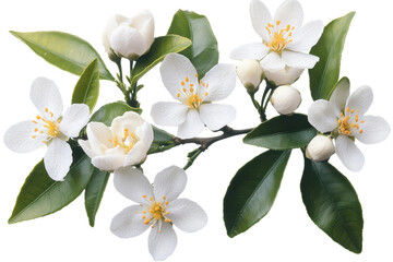 Obraz premium White orange flower and green leaves isolated on white background