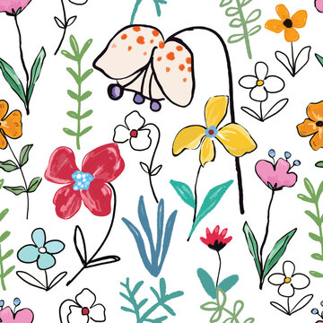 Colorful flower and leaf in the garden on white background seamless pattern