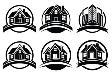 Fototapeta premium Real Estate icon set. Vector illustration. The collection contains icons: House, Real Estate Insurance, Real Estate Agent, House Key, Domestic Life, Real Estate Construction, Relocation, Home.