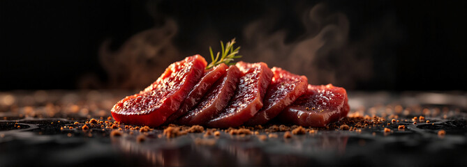 Gourmet biltong display with savory crust and aromatic smokiness, elegance