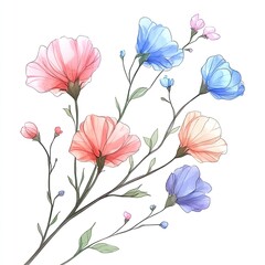 Watercolor illustration of delicate pink and blue flowers on a white background.