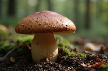 detailed image of Shiitake mushrooms in their natural forest habitat, emphasizing their distinctive brown, umbrella-like caps with intricate textural details.