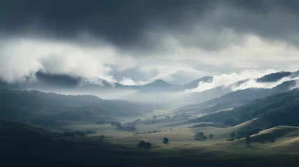 Selbstklebende Fototapeten Dramatic time lapse footage showcasing clouds rolling majestically over scenic hills in a serene and picturesque landscape  The sweeping © ChrisTYCat
