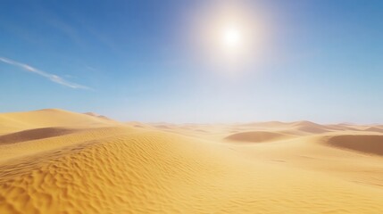 A desert landscape in the summer golden sand dunes under a bright sun with clear blue sky