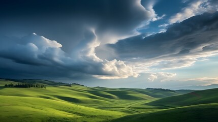 Obraz premium Dramatic time lapse footage showcasing the mesmerizing movement of clouds rolling over a serene picturesque hillside landscape The sweeping vista creates a captivating cinematic atmosphere