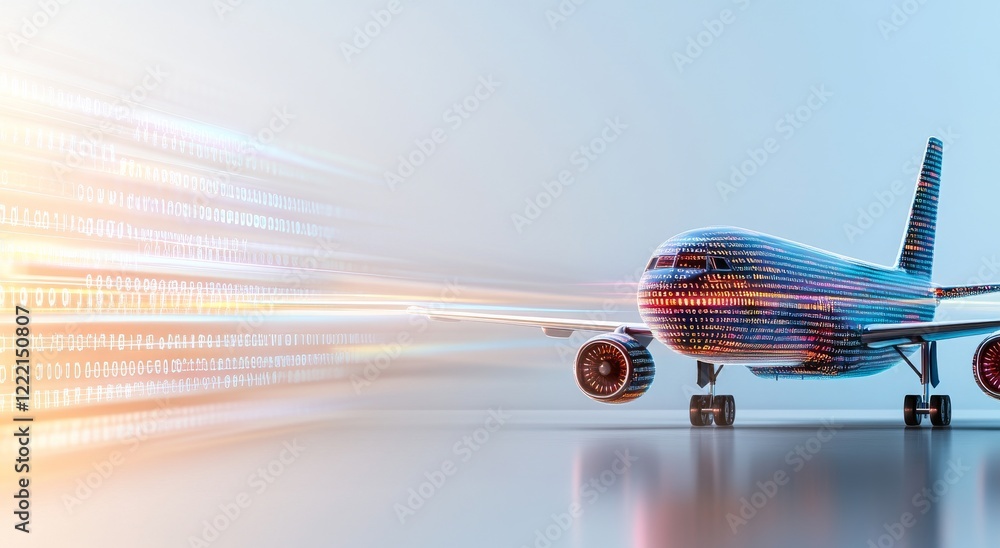 Poster miniature airplane made of digital code with real-time flight data on side panels