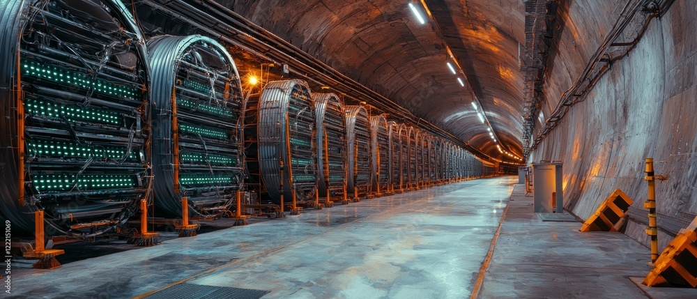 Poster futuristic server room in underground tunnel data center technology network computing