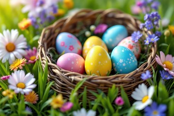 A basket of colorful Easter eggs surrounded by vibrant flowers and green grass, celebrating the joy of spring.