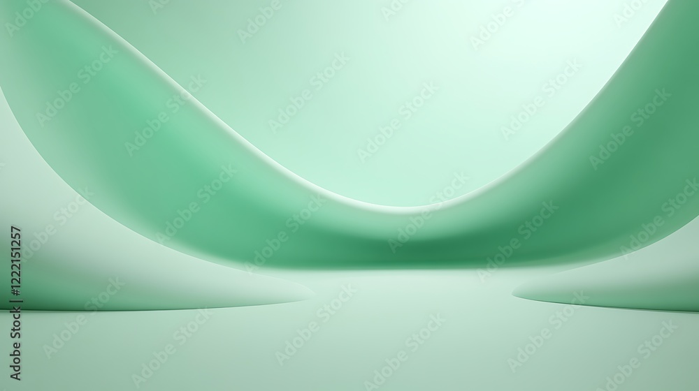 Poster smooth curves and waves of soft green tones in a minimalist abstract space design for modern decor