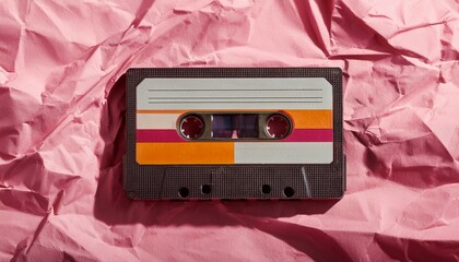 Generated image AIold cassette tape on crumpled pink background. retro and nostalgia style. vintage music concept. copy space. Y2K design trend, 2000 year