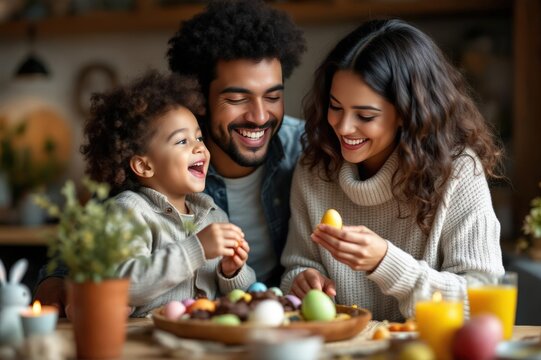 Portrait happy latin family eating chocolate eggs at home. Smiling mother and kid. Holiday activity concept