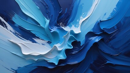 An abstract blue canvas with bold brushstrokes in aquamarine, navy, and sky blue, accented by subtle white layers, exuding refinement, dynamic energy, and a luxurious hand-painted feel.