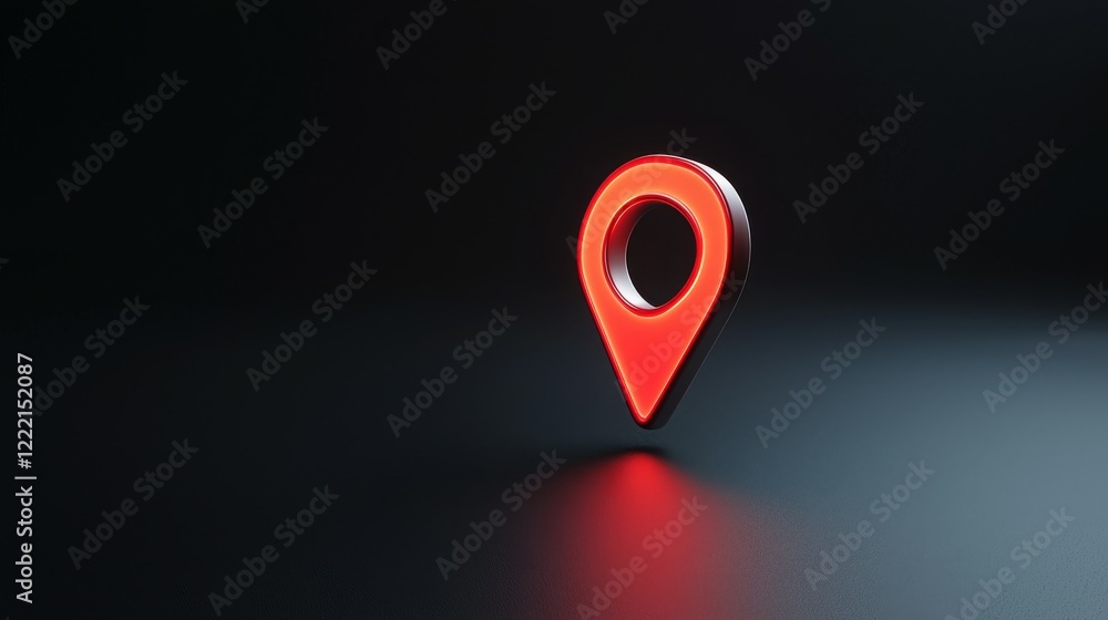 Poster a glowing red location pin icon on a dark background, symbolizing navigation and mapping.